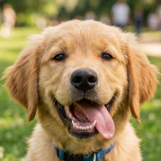 Golden retriever puppy sitting on grassy park with blue collar and tongue out